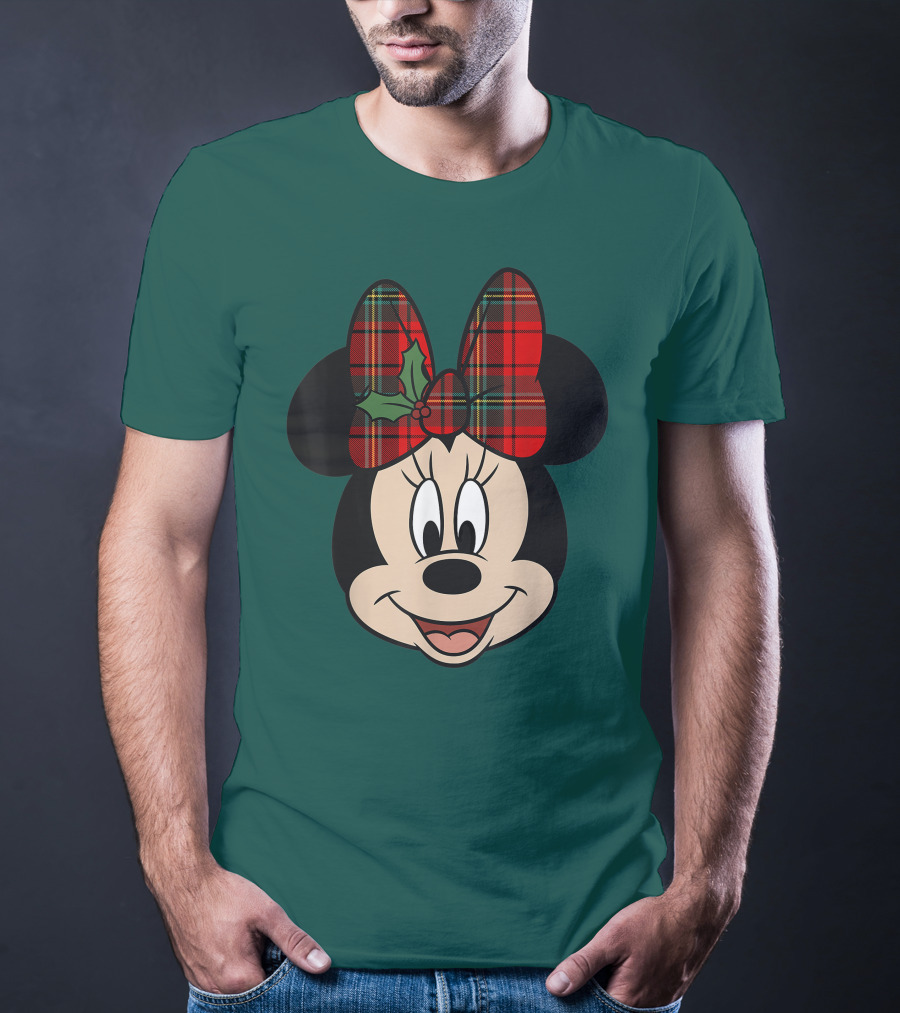 Disney Minnie Mouse Plaid Christmas Bow With Holly T-Shirt