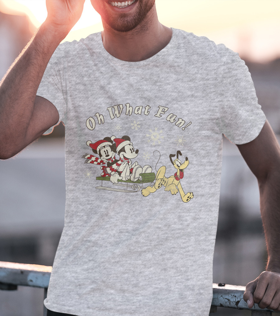Oh What Fun Mickey Minnie Pluto Christmas Sled T-Shirt