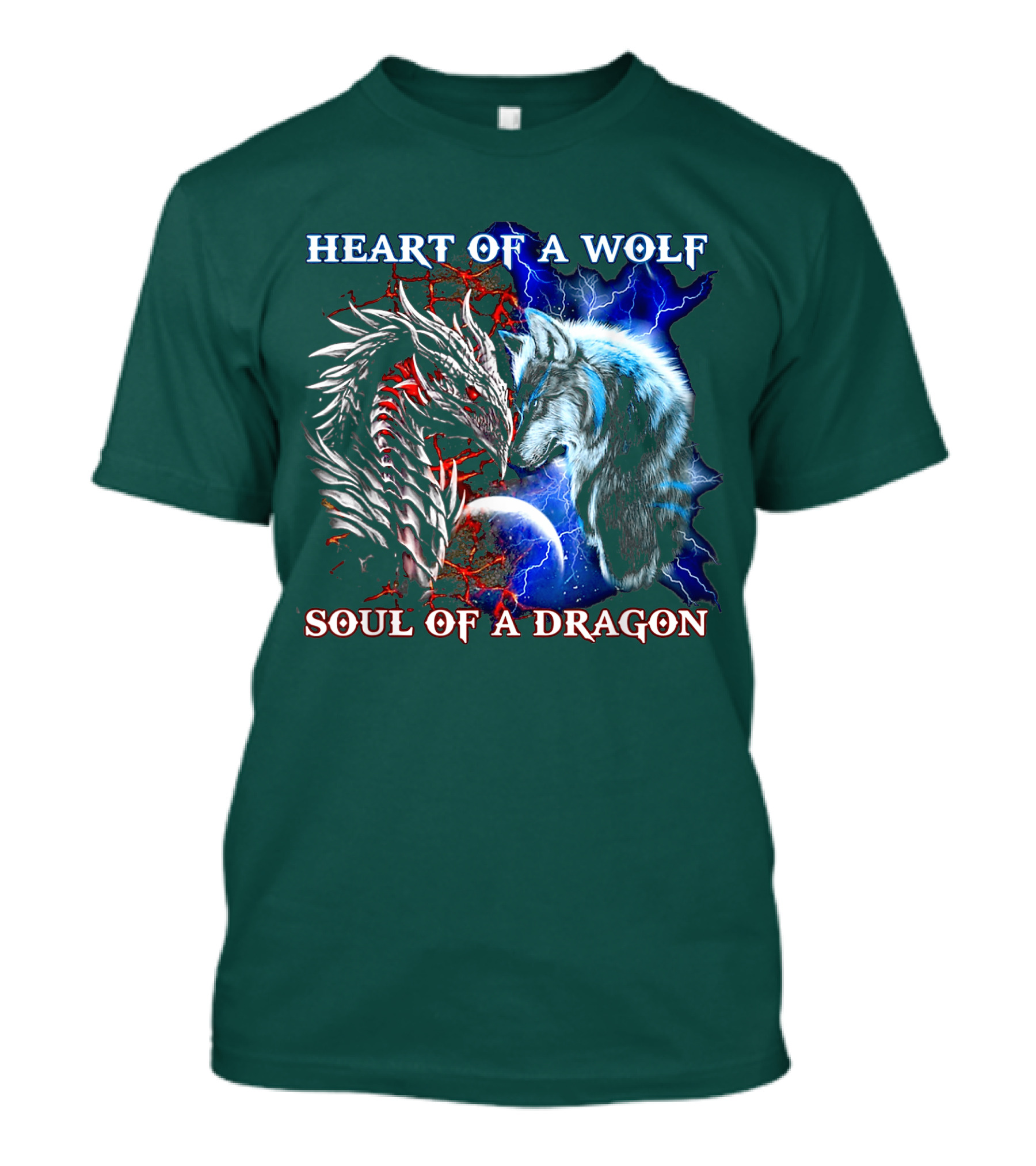 HEART OF A WOLF SOUL OF A DRAGON Wolf Dragon Lightning Planet Cracked Earth T-Shirt