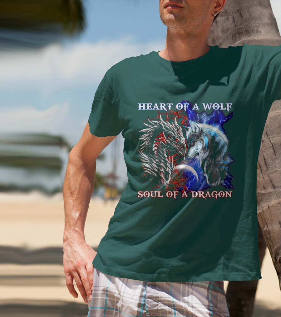 HEART OF A WOLF SOUL OF A DRAGON Wolf Dragon Lightning Planet Cracked Earth T-Shirt