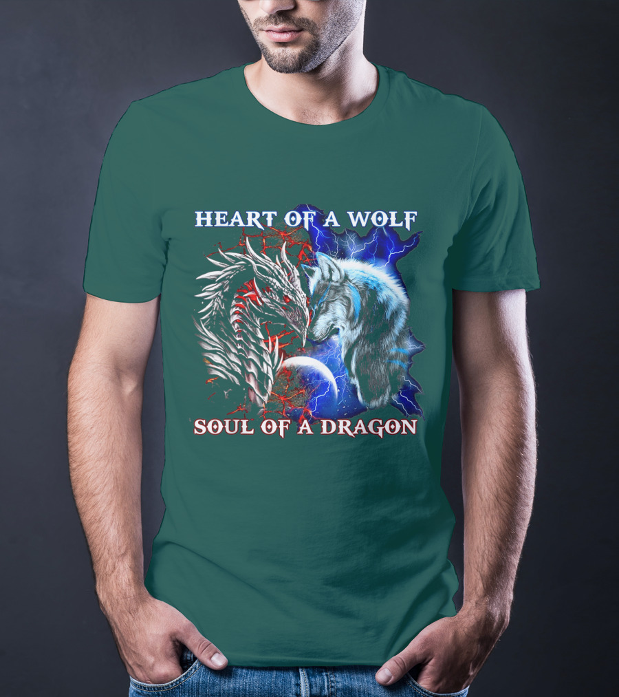 HEART OF A WOLF SOUL OF A DRAGON Wolf Dragon Lightning Planet Cracked Earth T-Shirt