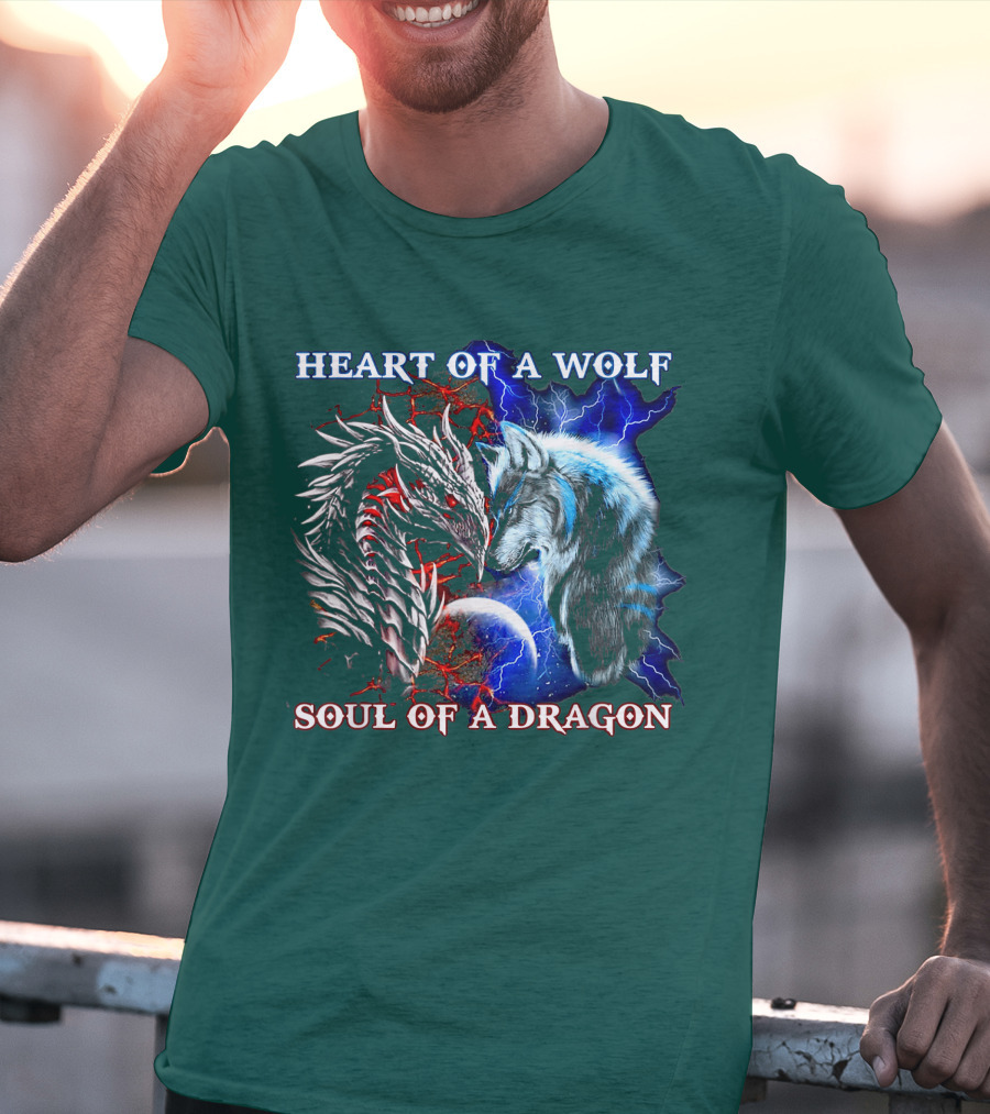 HEART OF A WOLF SOUL OF A DRAGON Wolf Dragon Lightning Planet Cracked Earth T-Shirt