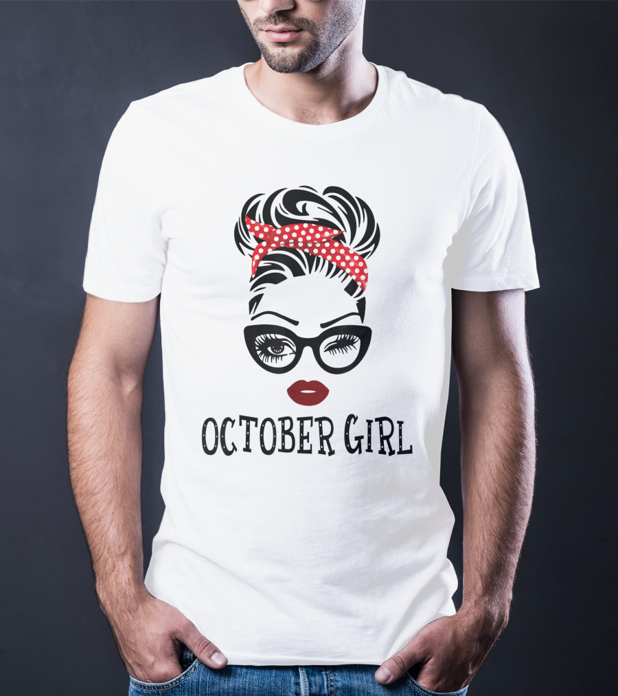 October Girl Woman Face Wink Eyes Red Lipstick Polka Dot Headband T-Shirt