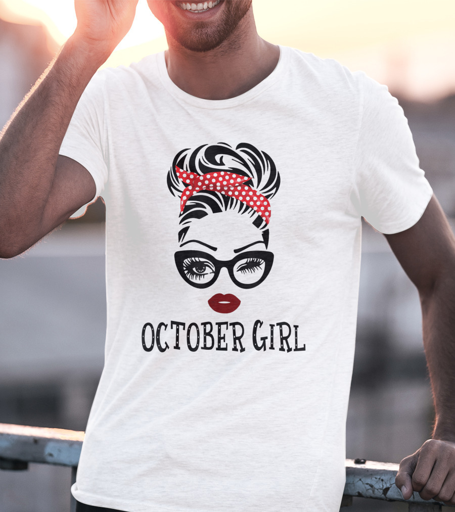 October Girl Woman Face Wink Eyes Red Lipstick Polka Dot Headband T-Shirt