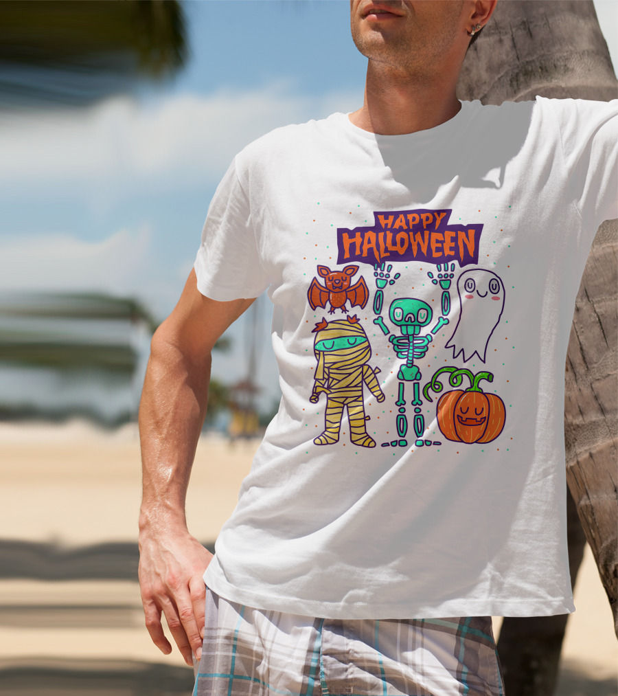Happy Halloween Skeleton Ghost Pumpkin Mummy Bat T-Shirt
