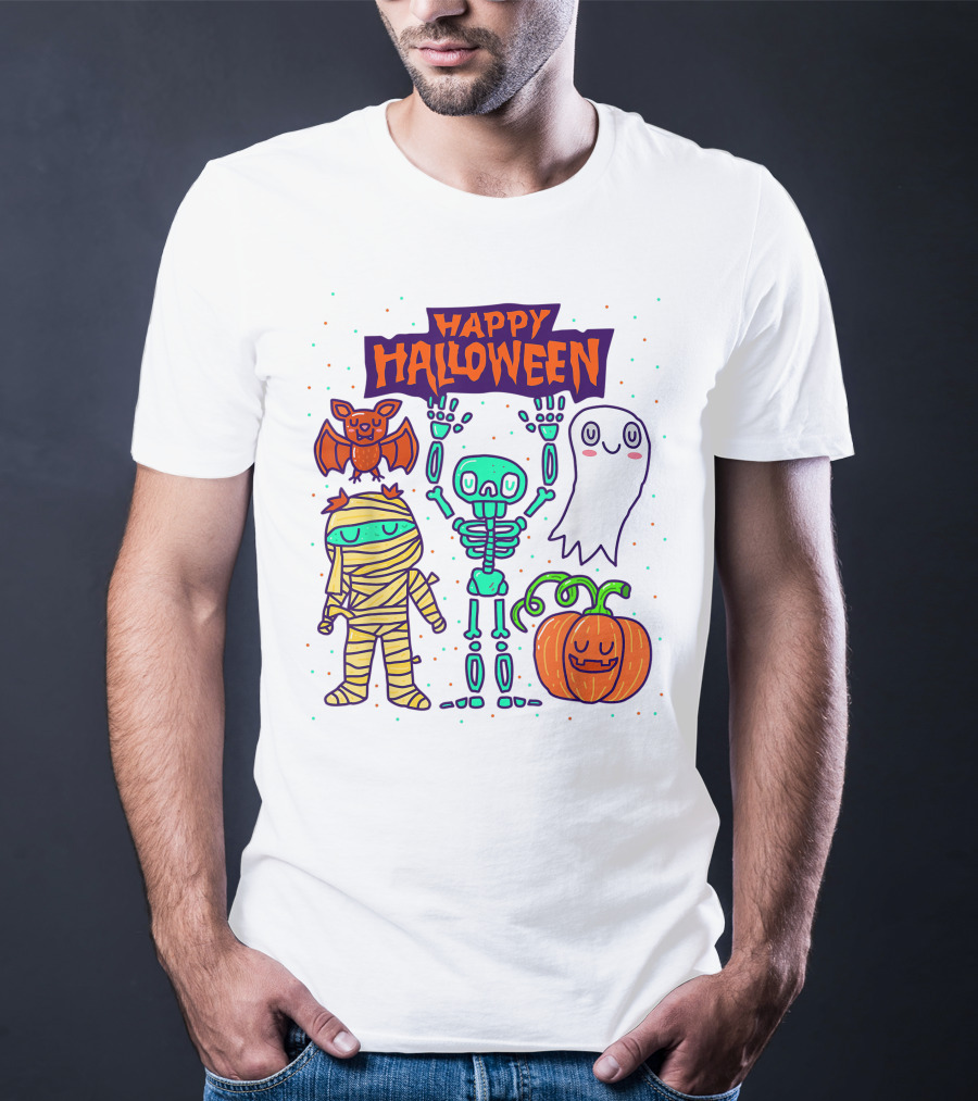 Happy Halloween Skeleton Ghost Pumpkin Mummy Bat T-Shirt