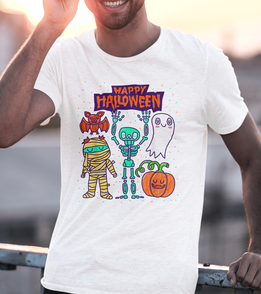 Happy Halloween Skeleton Ghost Pumpkin Mummy Bat T-Shirt