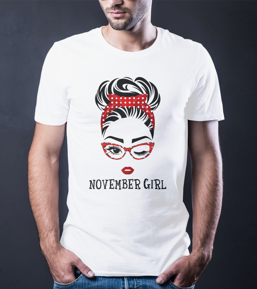 November Girl Wink Eye Woman Face Wink Eyes Lady Birthday Red Polka Dot Glasses T-Shirt