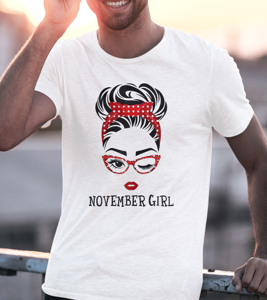 November Girl Wink Eye Woman Face Wink Eyes Lady Birthday Red Polka Dot Glasses T-Shirt