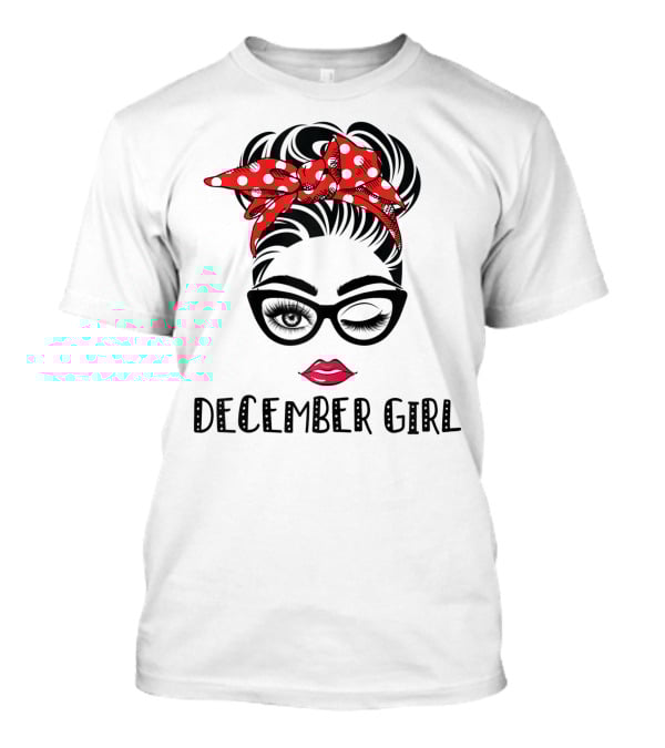 December Girl Woman Face Wink Eyes Lady Face Birthday Red Polka Dot Headband T-Shirt