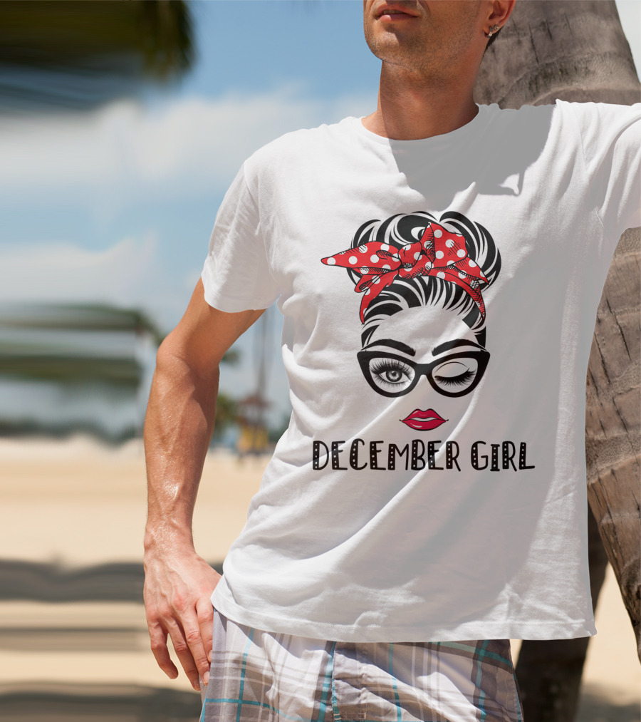 December Girl Woman Face Wink Eyes Lady Face Birthday Red Polka Dot Headband T-Shirt