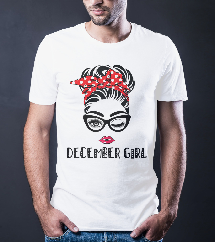 December Girl Woman Face Wink Eyes Lady Face Birthday Red Polka Dot Headband T-Shirt