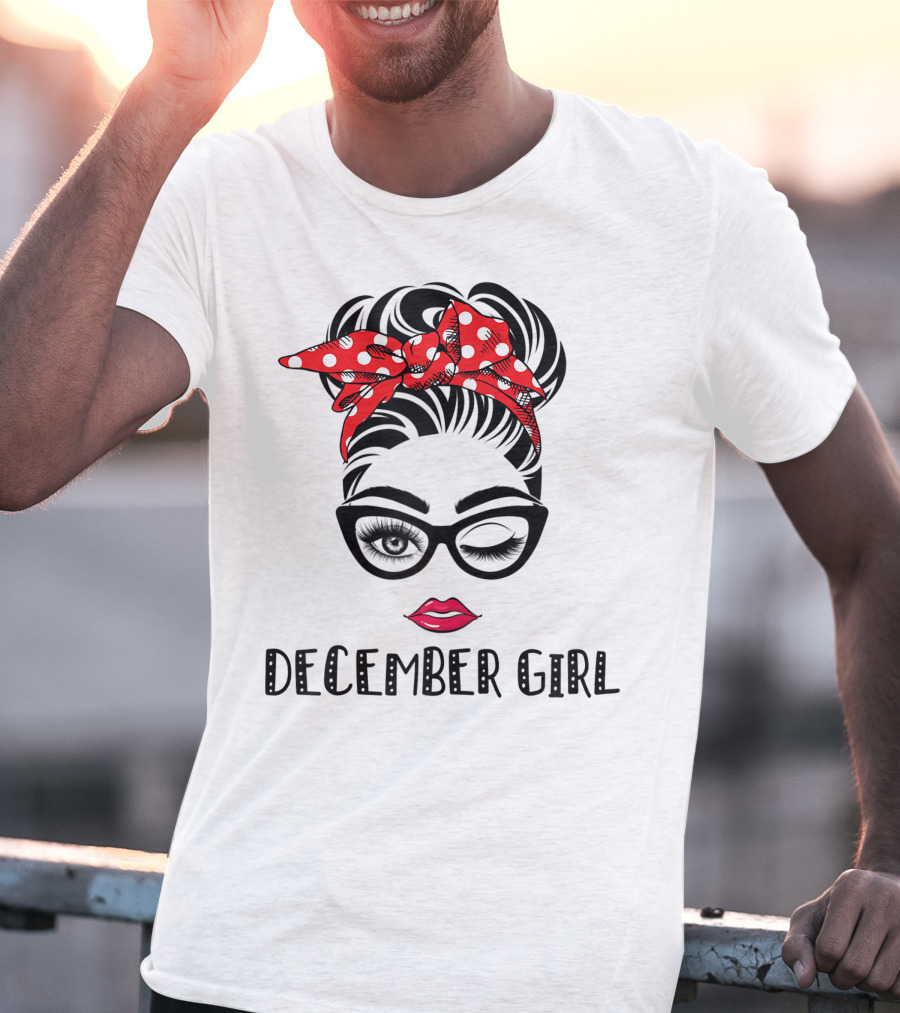 December Girl Woman Face Wink Eyes Lady Face Birthday Red Polka Dot Headband T-Shirt