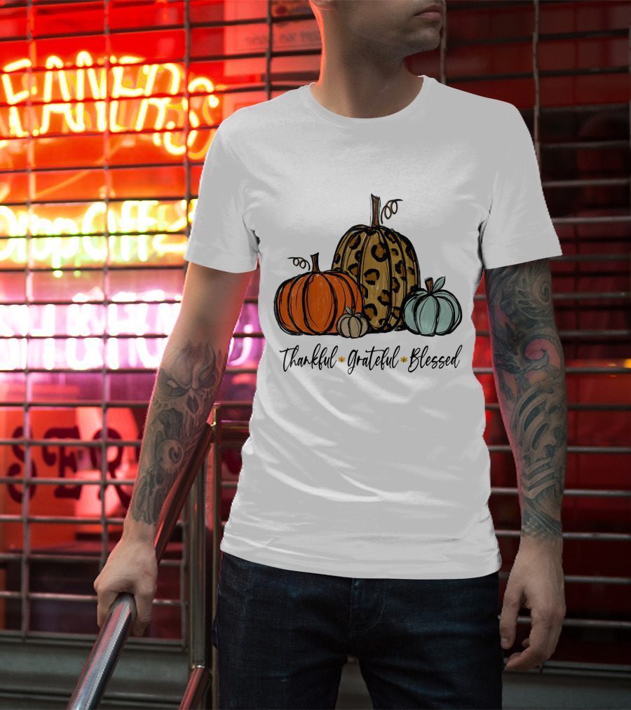 Thankful Grateful Blessed Leopard Print Pumpkin Thanksgiving Day T-Shirt