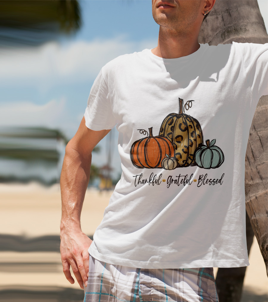 Thankful Grateful Blessed Leopard Print Pumpkin Thanksgiving Day T-Shirt