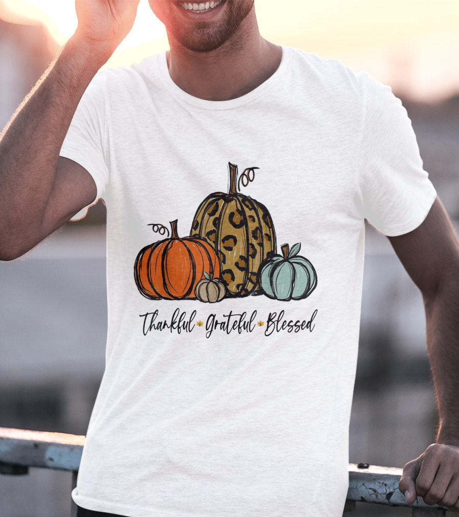 Thankful Grateful Blessed Leopard Print Pumpkin Thanksgiving Day T-Shirt