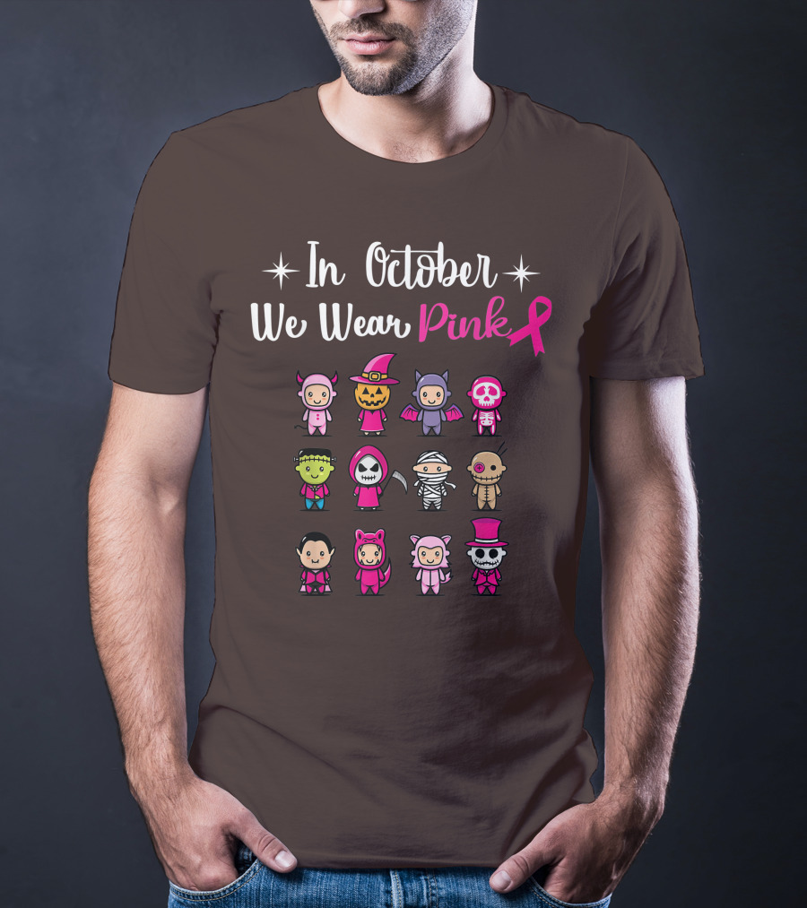 In October We Wear Pink Breast Cancer Awareness Halloween Characters T-Shirt