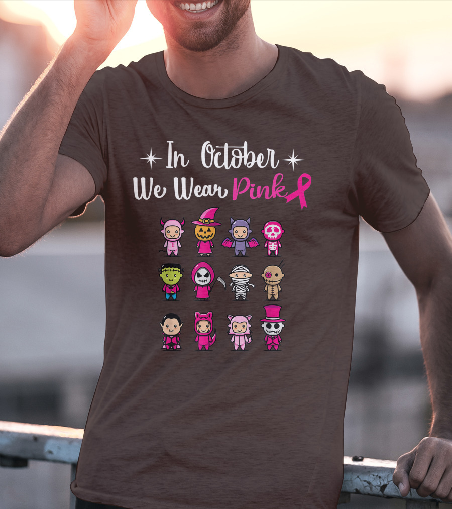 In October We Wear Pink Breast Cancer Awareness Halloween Characters T-Shirt