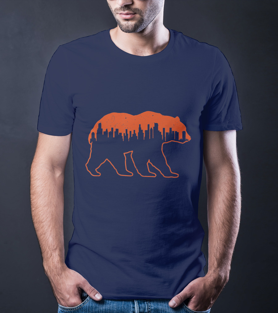Vintage Downtown Chicago City Skyline Bear Silhouette Novelty T-Shirt