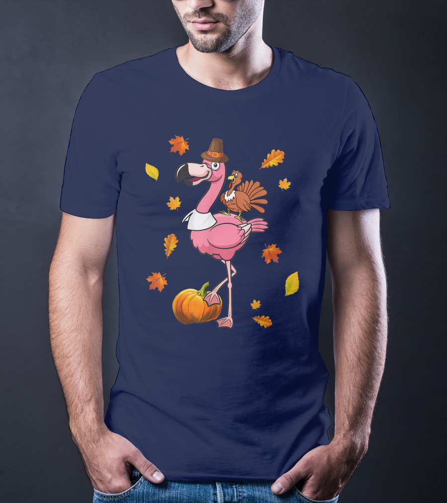 Thanksgiving Flamingo Pilgrim And Turkey With Autumn Leaves And Pumpkin T-Shirt