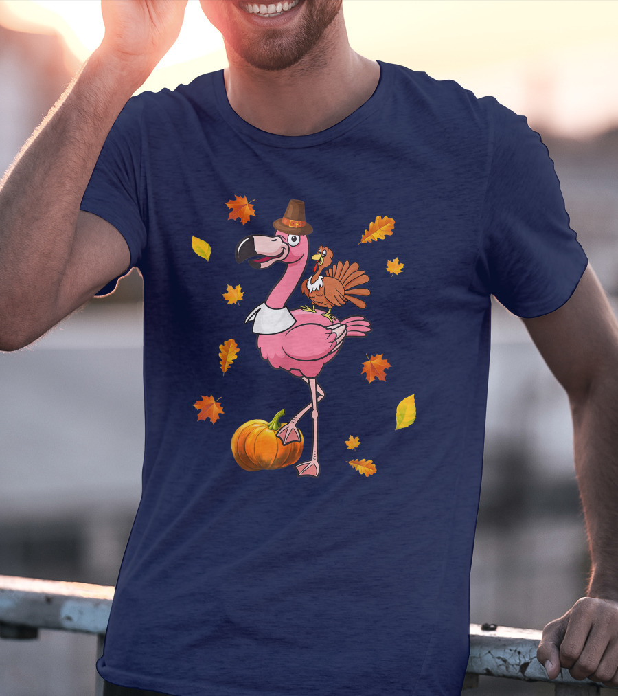 Thanksgiving Flamingo Pilgrim And Turkey With Autumn Leaves And Pumpkin T-Shirt