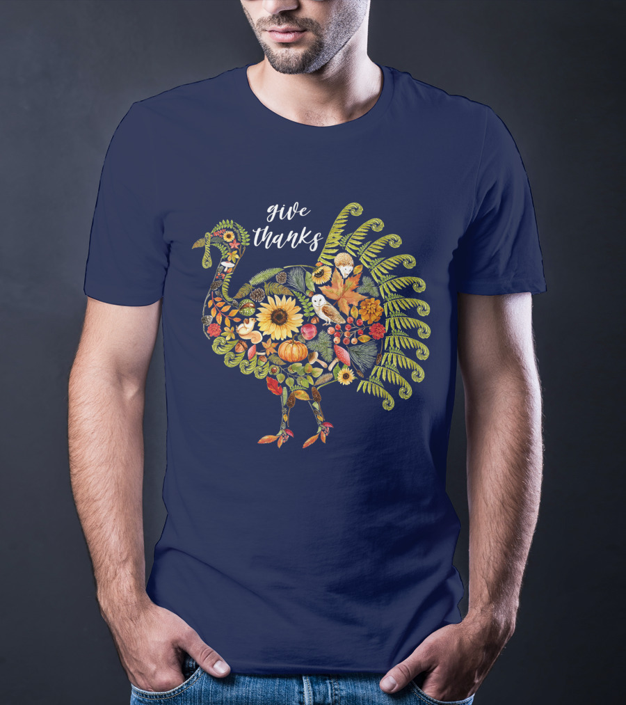 Give Thanks Vintage Autumn Botanical Turkey Thanksgiving T-Shirt