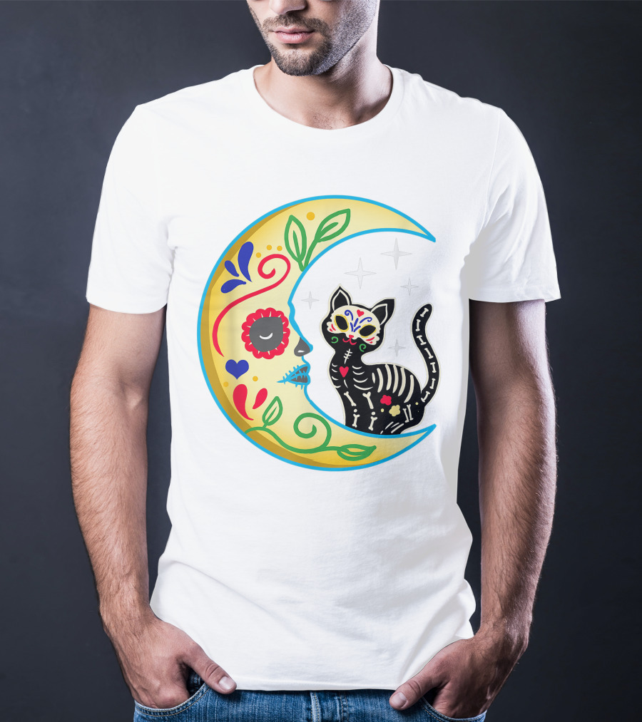 Cat And Moon Sugar Skull Dia De Los Muertos Day Of The Dead Mexican Festival T-Shirt