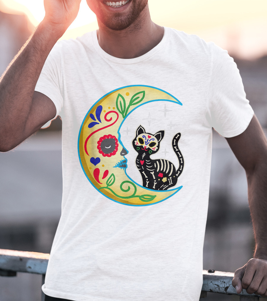 Cat And Moon Sugar Skull Dia De Los Muertos Day Of The Dead Mexican Festival T-Shirt