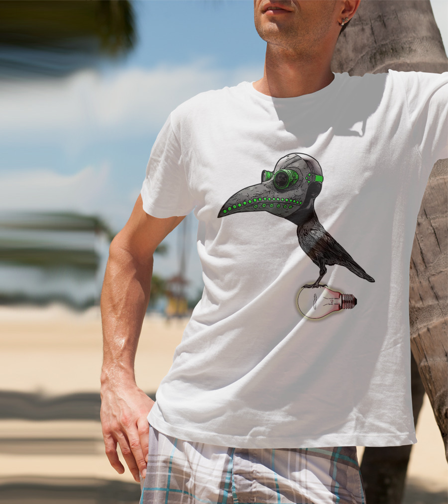 Bird In Plague Doctor Mask Perched On Light Bulb T-Shirt
