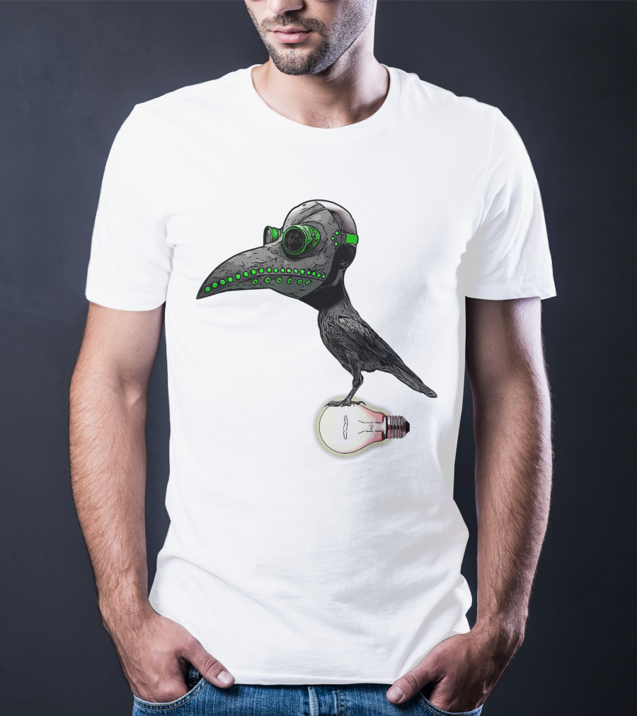 Bird In Plague Doctor Mask Perched On Light Bulb T-Shirt