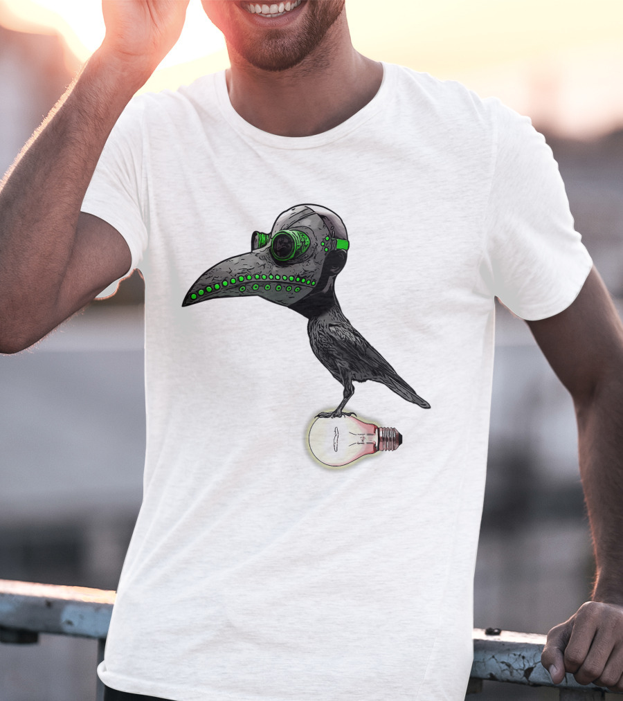 Bird In Plague Doctor Mask Perched On Light Bulb T-Shirt
