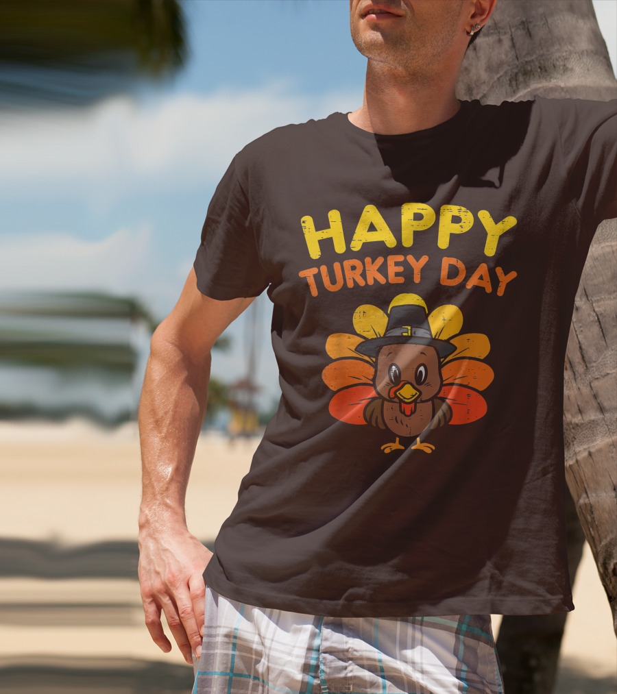 Happy Turkey Day Cute Thanksgiving Pilgrim Turkey T-Shirt