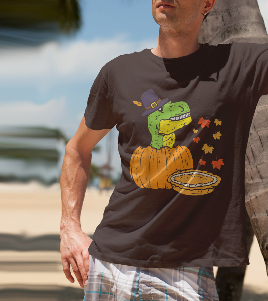 Pilgrim Trex Dinosaur Pumpkin Leaves Pie T-Shirt