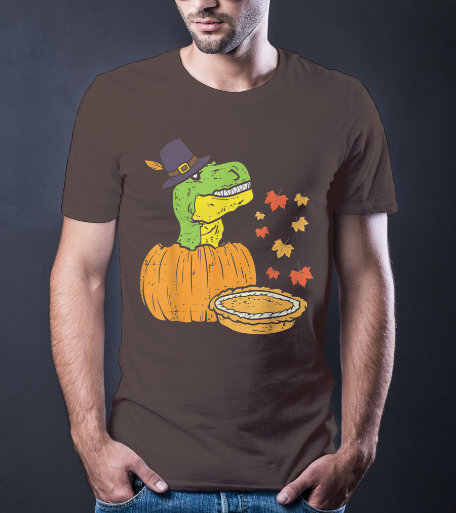 Pilgrim Trex Dinosaur Pumpkin Leaves Pie T-Shirt