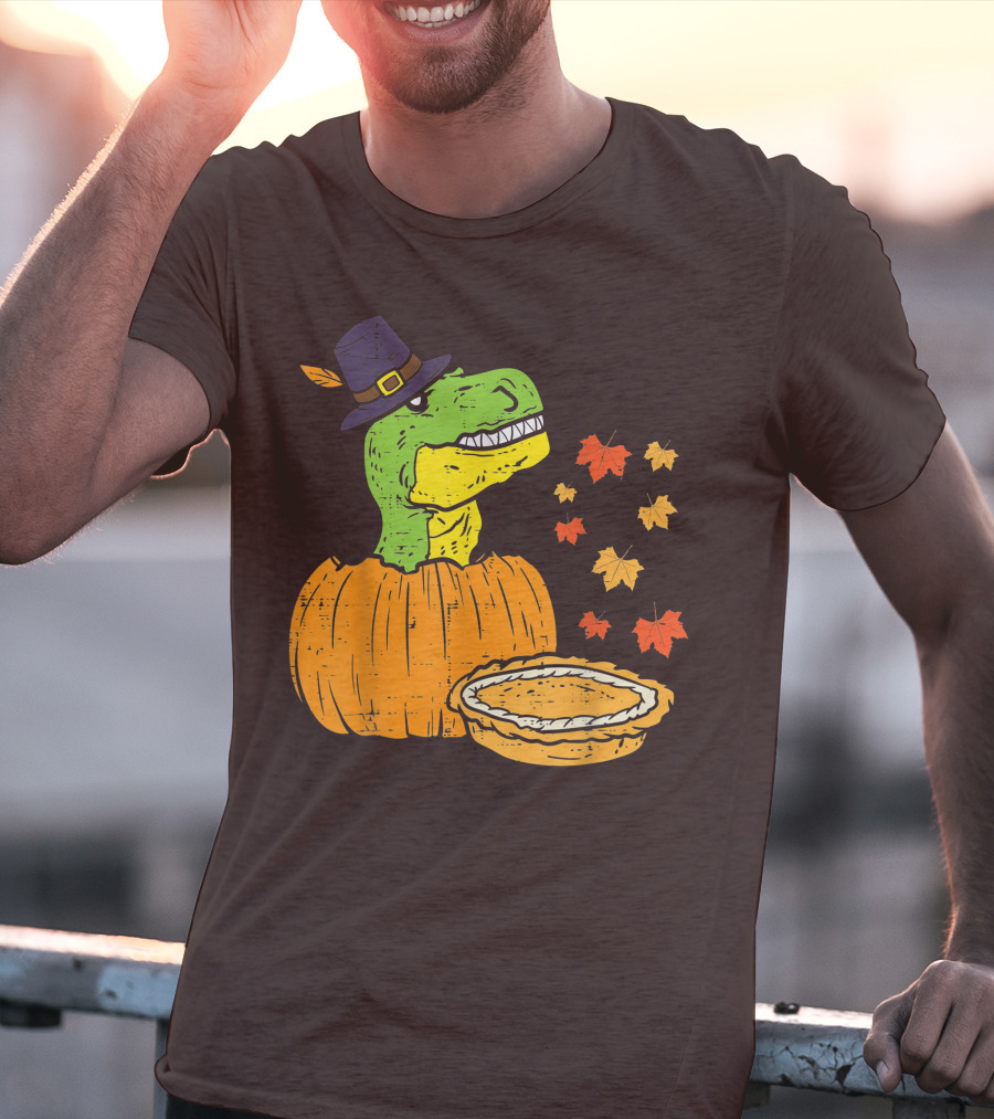 Pilgrim Trex Dinosaur Pumpkin Leaves Pie T-Shirt