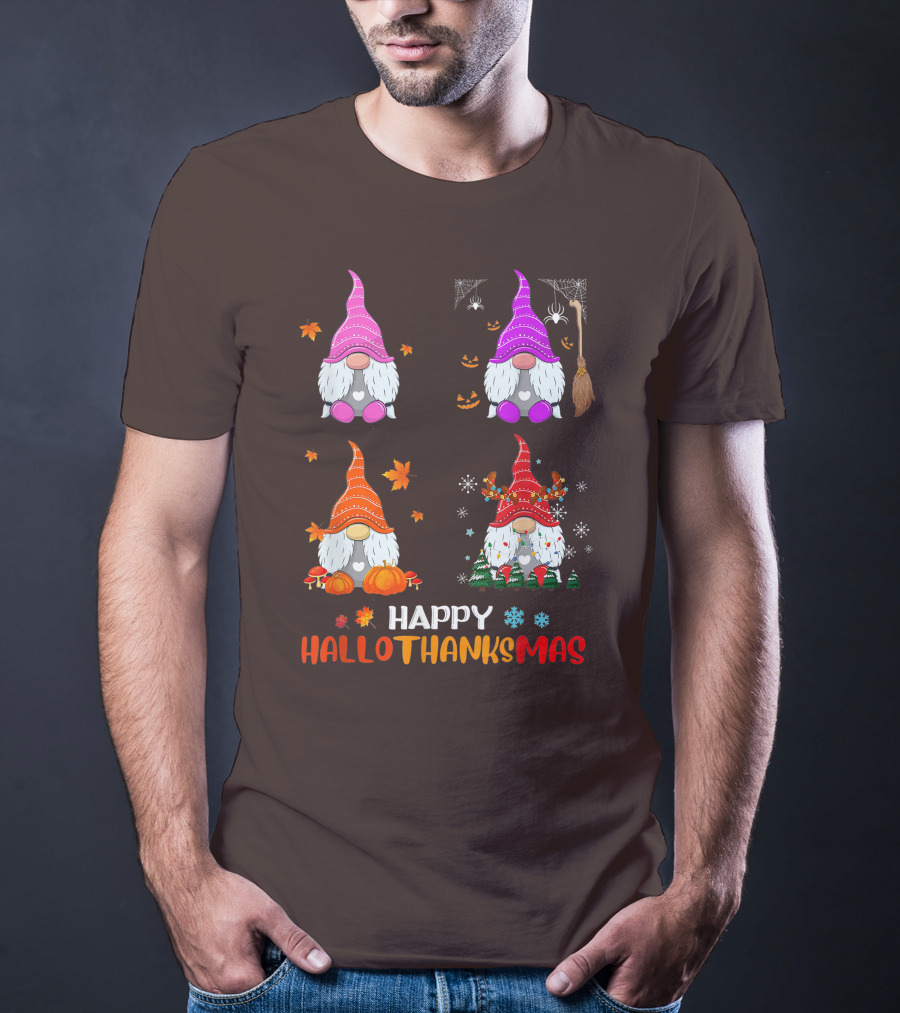 Happy Hallothanksmas Gnome Halloween Thanksgiving Christmas T-Shirt