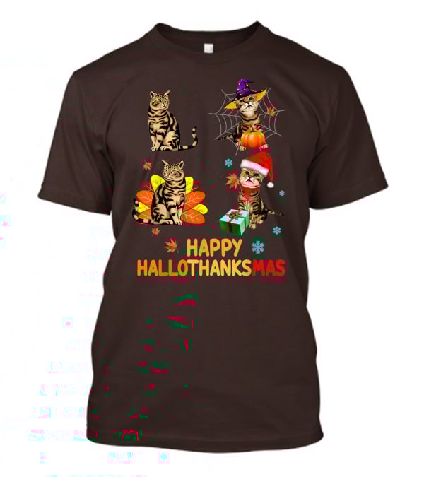 Happy Hallothanksmas Cats With Pumpkin, Autumn Leaves, Santa Hat, And Gift T-Shirt