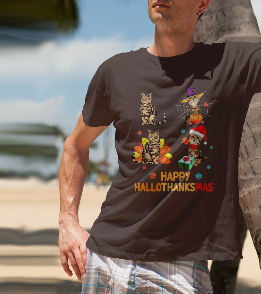 Happy Hallothanksmas Cats With Pumpkin, Autumn Leaves, Santa Hat, And Gift T-Shirt
