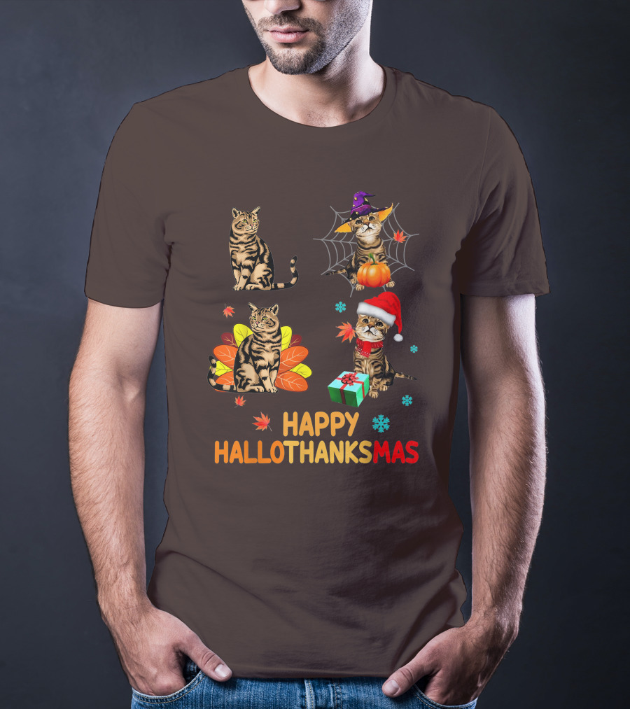 Happy Hallothanksmas Cats With Pumpkin, Autumn Leaves, Santa Hat, And Gift T-Shirt