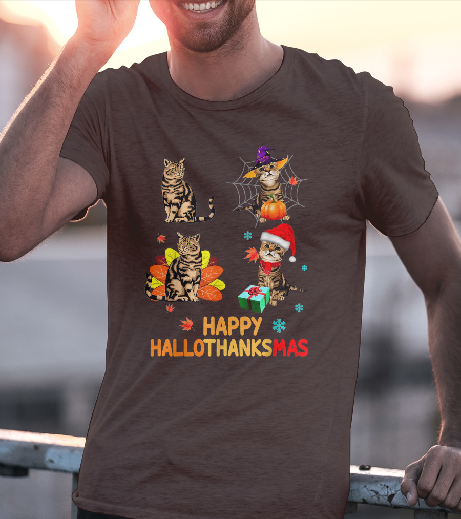 Happy Hallothanksmas Cats With Pumpkin, Autumn Leaves, Santa Hat, And Gift T-Shirt
