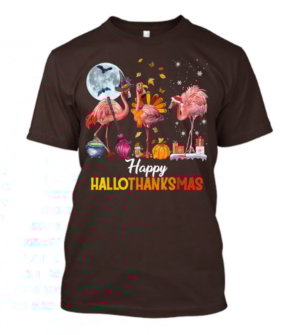 Happy Hallothanksmas Flamingo Halloween Merry Christmas T-Shirt