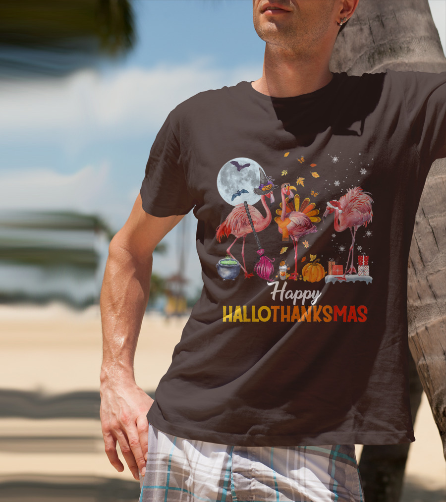 Happy Hallothanksmas Flamingo Halloween Merry Christmas T-Shirt
