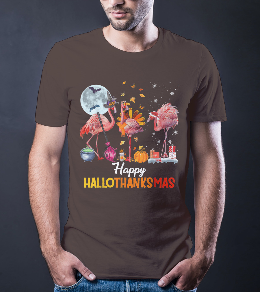 Happy Hallothanksmas Flamingo Halloween Merry Christmas T-Shirt
