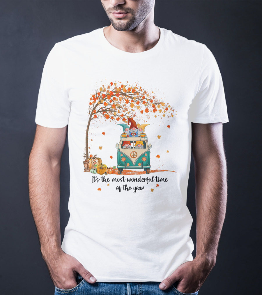 It's The Most Wonderful Time Of The Year Gnomes Autumn Fall In A Van With Pumpkins And Leaves T-Shirt