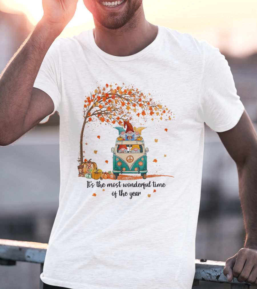It's The Most Wonderful Time Of The Year Gnomes Autumn Fall In A Van With Pumpkins And Leaves T-Shirt
