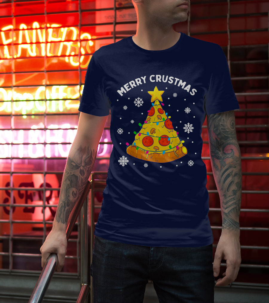 Merry Crustmas Pizza Christmas Tree With Cheese Garland And Snowflakes T-Shirt
