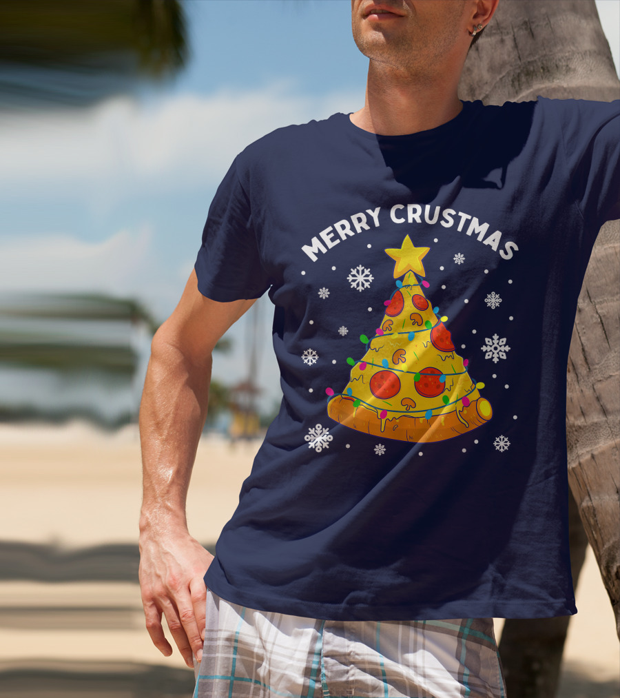 Merry Crustmas Pizza Christmas Tree With Cheese Garland And Snowflakes T-Shirt