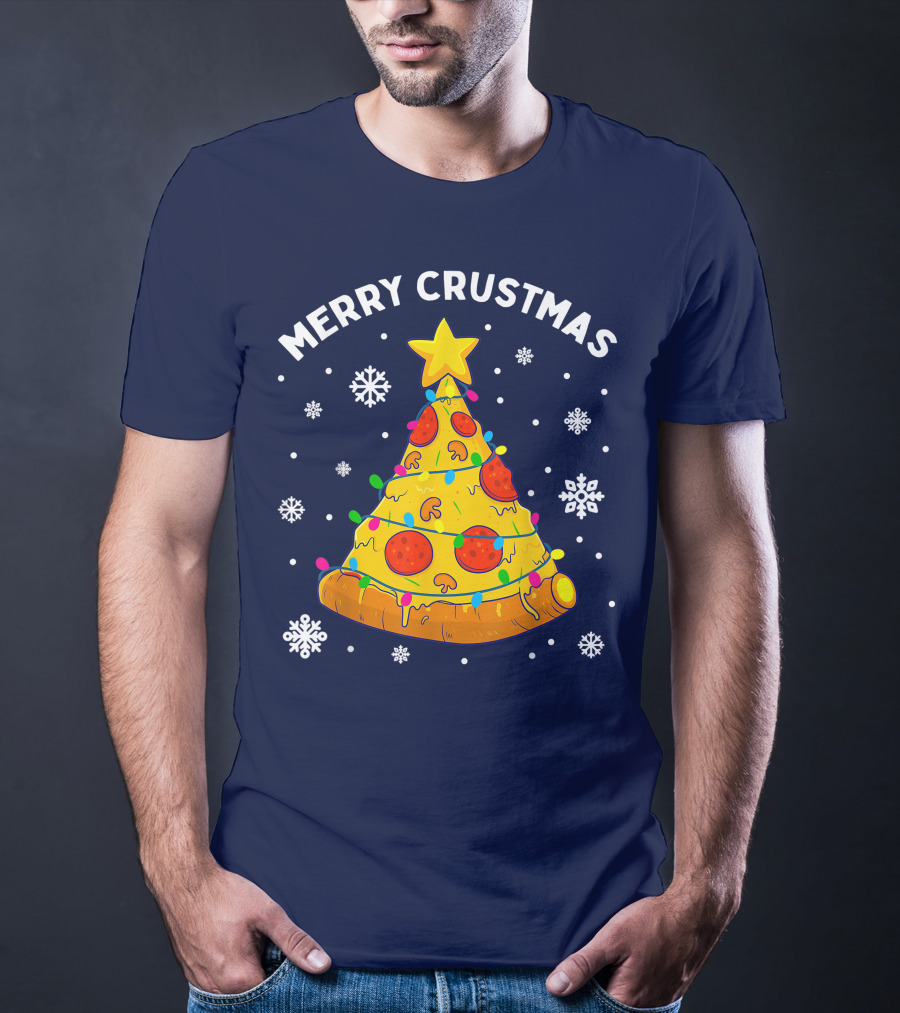 Merry Crustmas Pizza Christmas Tree With Cheese Garland And Snowflakes T-Shirt