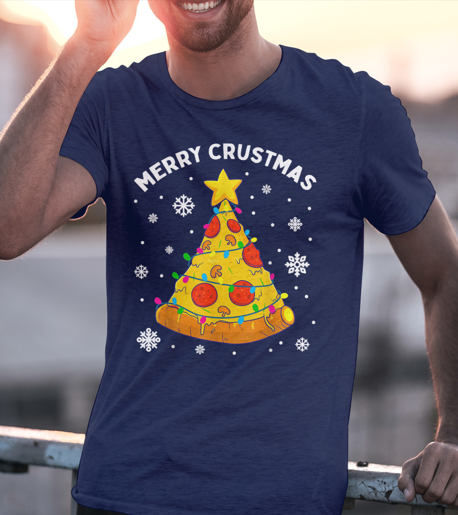 Merry Crustmas Pizza Christmas Tree With Cheese Garland And Snowflakes T-Shirt