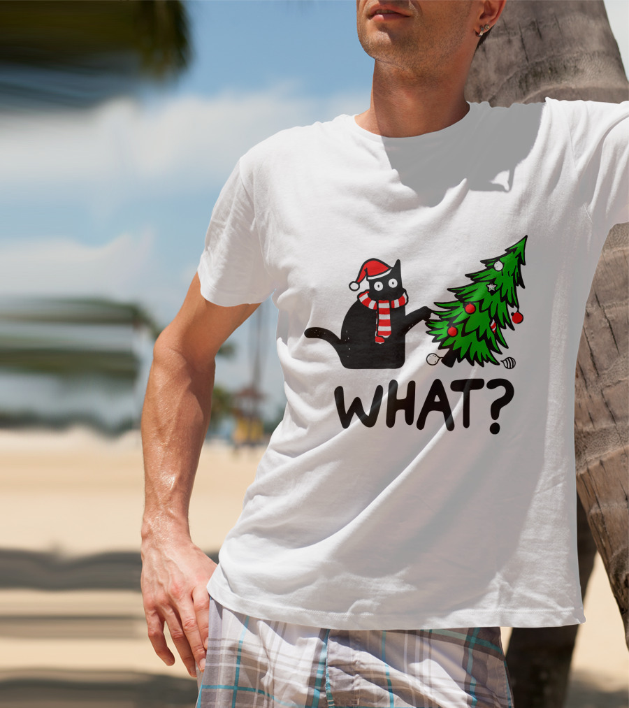 Funny Black Cat Santa Hat Pushing Over Christmas Tree What T-Shirt